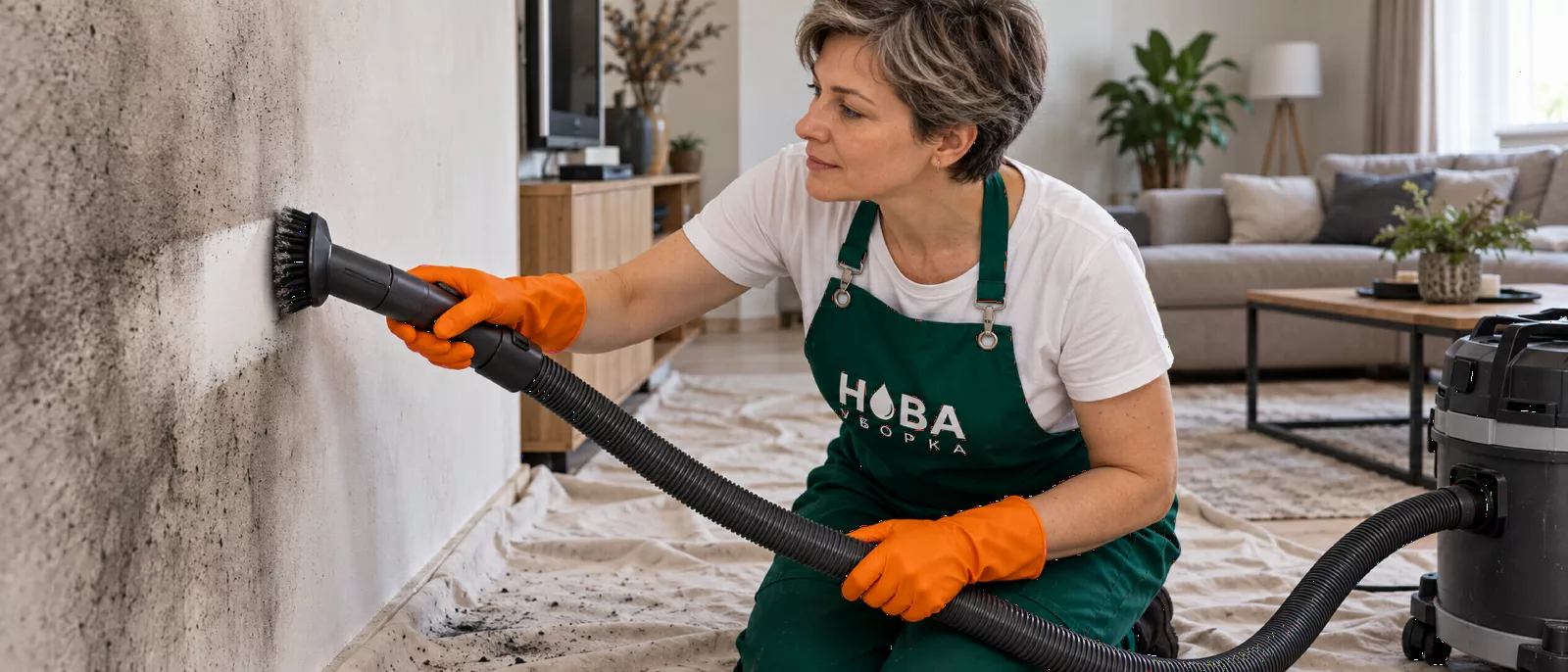 Насадка HEPA-пылесоса собирает сухую сажу с белой стены
