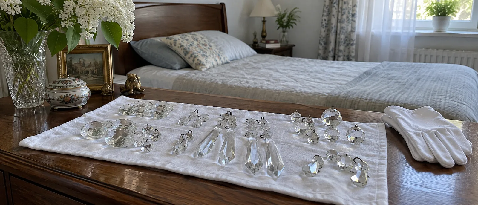 Хрустальные подвески разложены группами на ткани на комоде в спальне