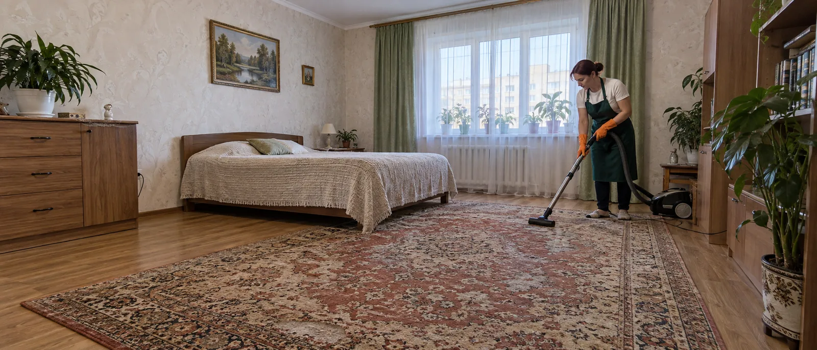 Сотрудница чистит шерстяной ковёр пылесосом в спальне