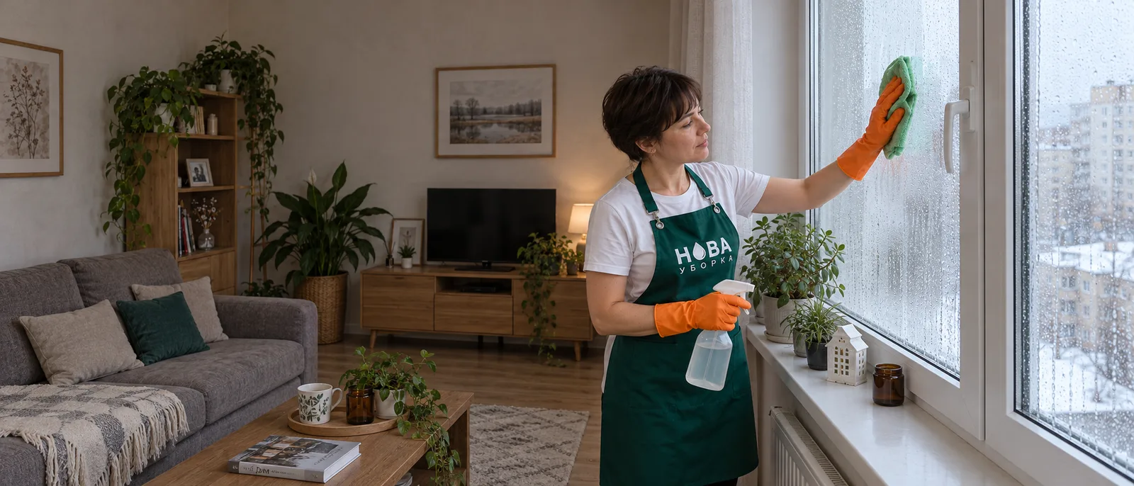 Сотрудница убирает конденсат с пластикового окна