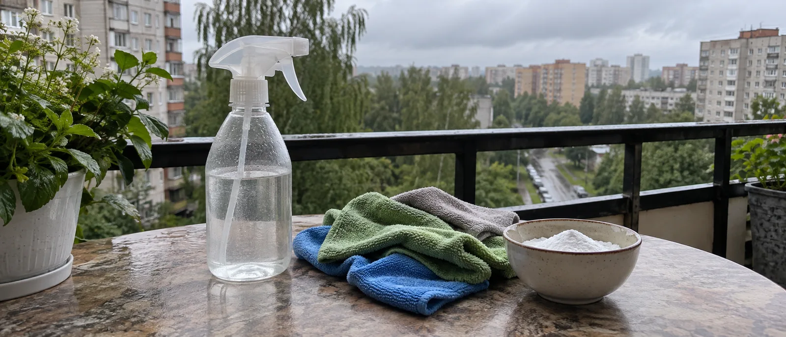 На балконном столе стоят бутылка с раствором уксуса, тряпки из микрофибры и миска с содой