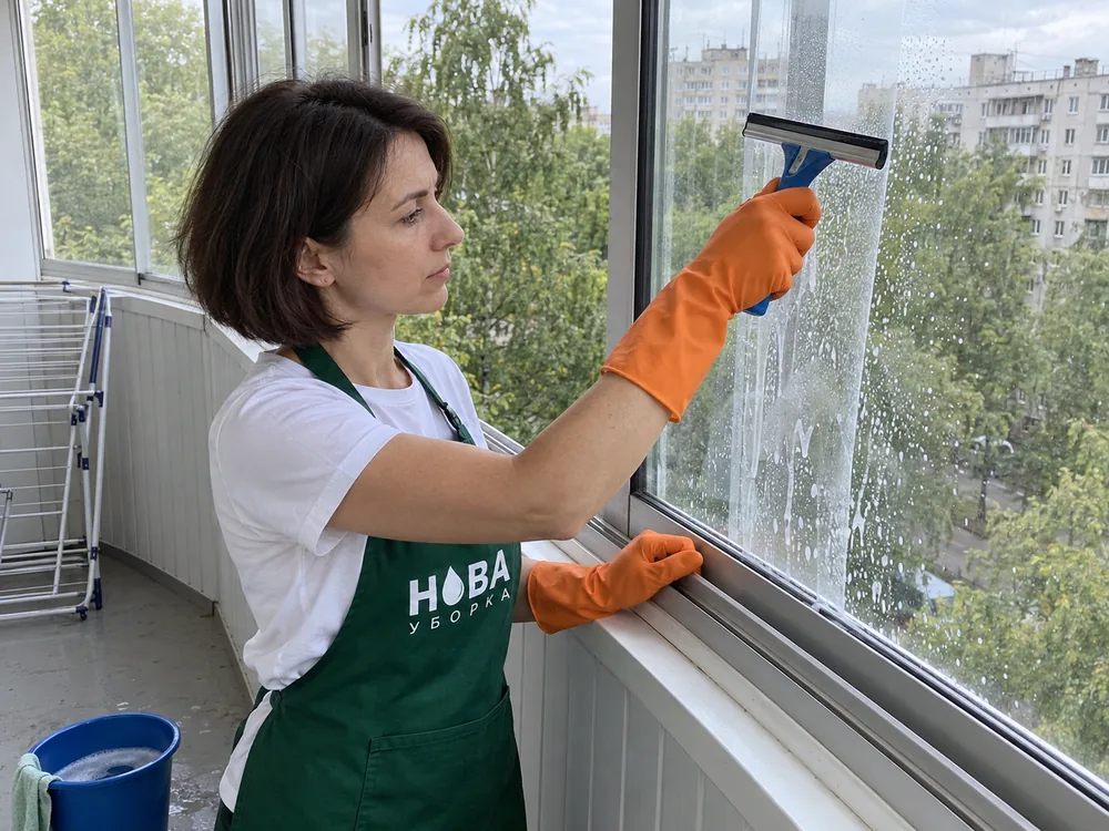 Сотрудница НОВА моет сгоном раздвижное остекление балкона
