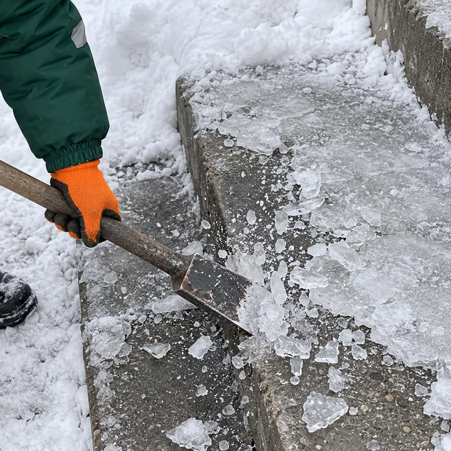 Руки в оранжевых перчатках скалывают ледорубом наледь со ступени крыльца